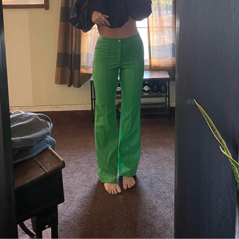 Green leather pants